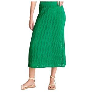Emerald Green Open Knit Midi Skirt Sustainable Textured Waves 2x Boho Future Col